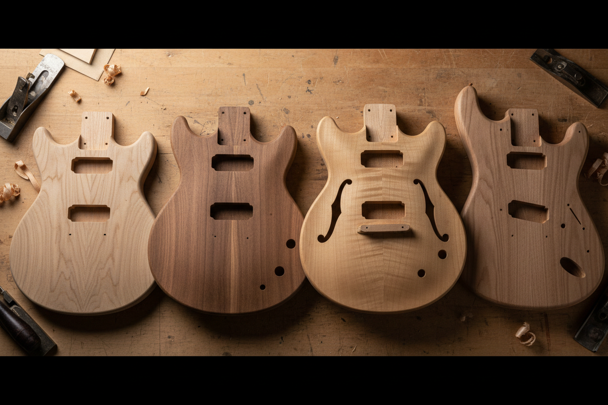 Four unfinished electric guitar bodies in different wood tones laid out on a workbench surrounded by wood shavings and tools.