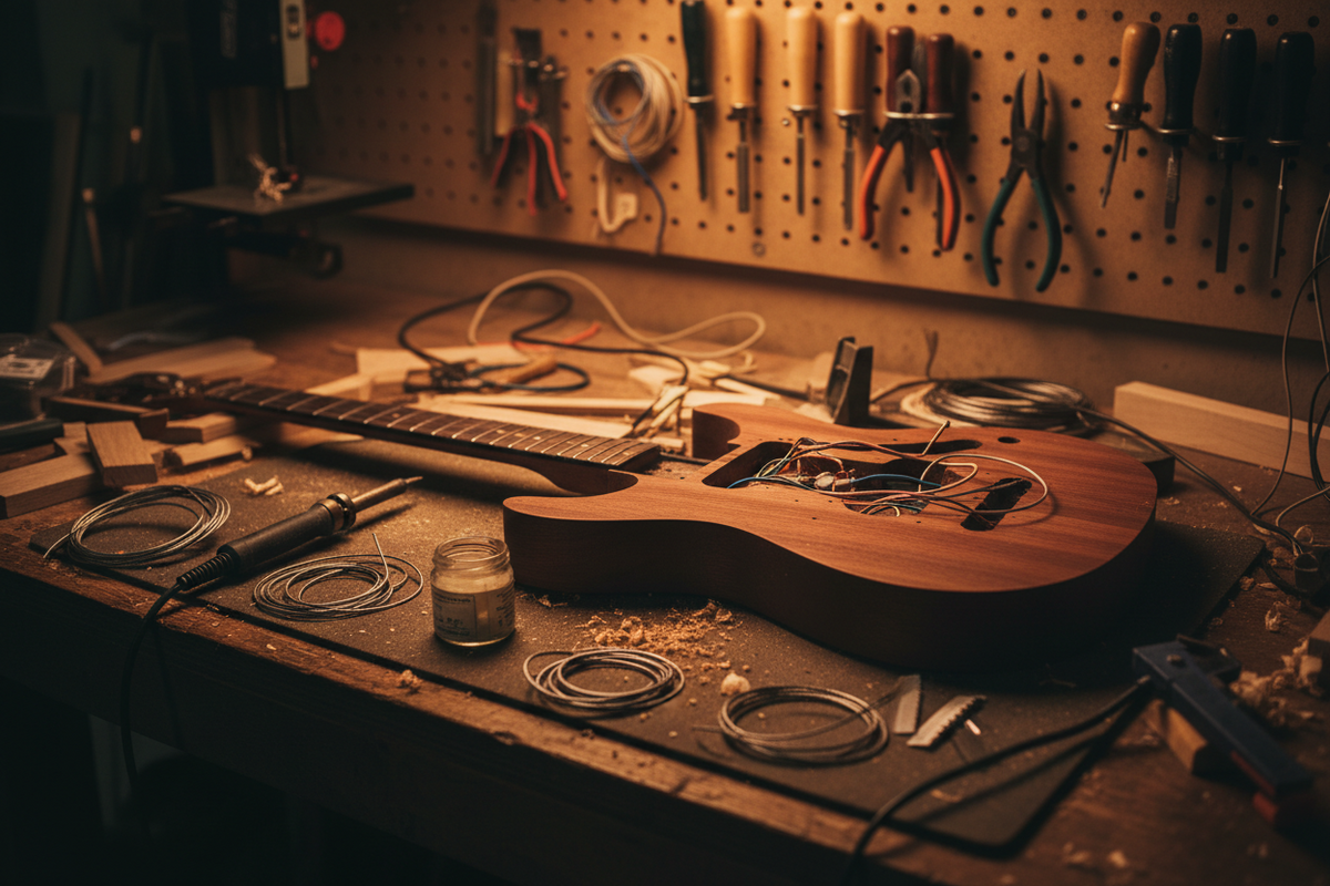 A partially built electric guitar on a luthier's workbench, surrounded by wiring, wood shavings, and tools hanging on a pegboard in the background.