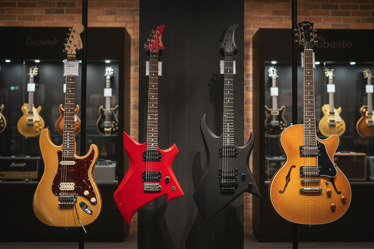 Four electric guitars in different styles — Stratocaster, red metal body, dark extended-range, and hollow-body jazz — displayed in a guitar showroom with more guitars on the wall behind them.