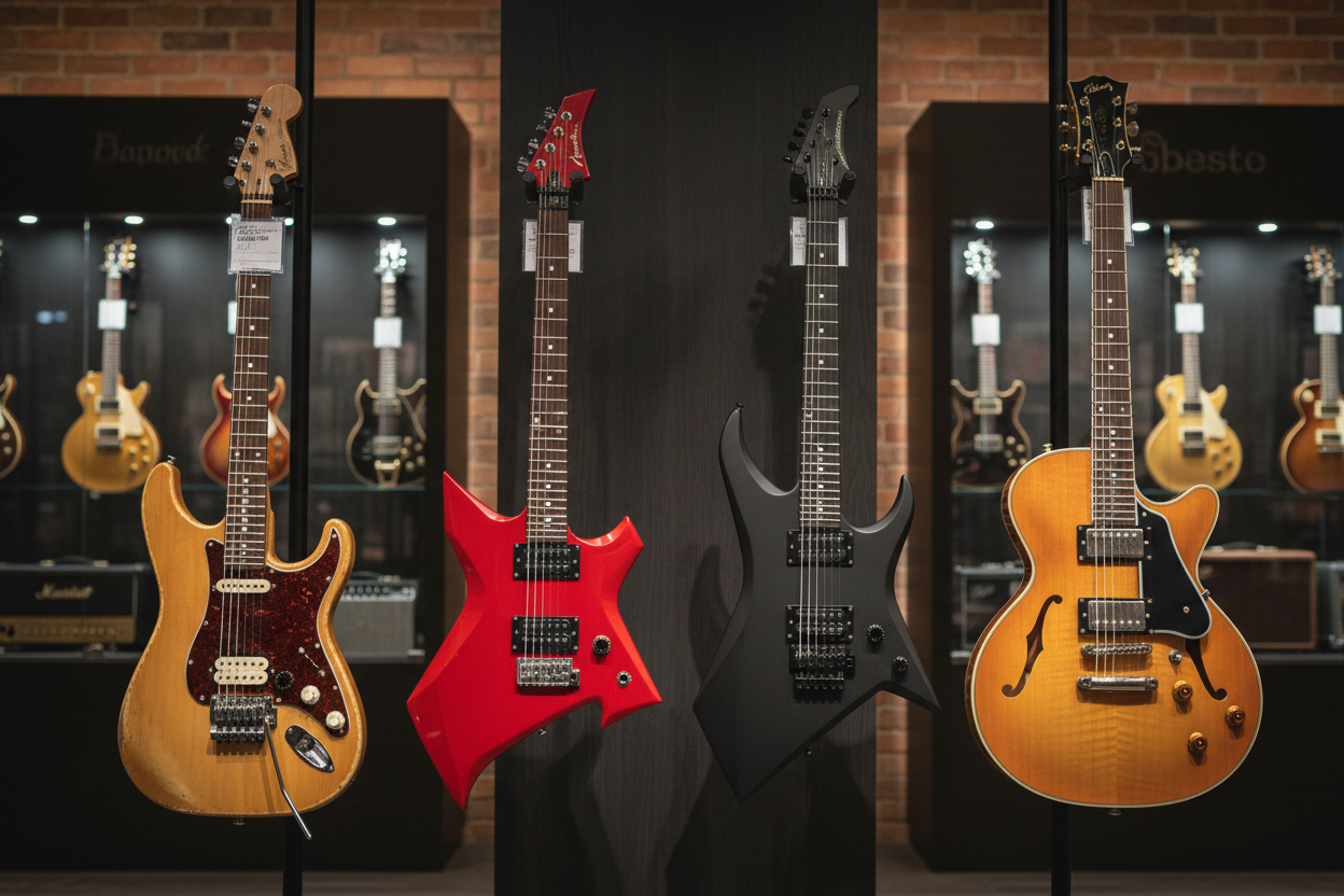 Four electric guitars in different styles — Stratocaster, red metal body, dark extended-range, and hollow-body jazz — displayed in a guitar showroom with more guitars on the wall behind them.