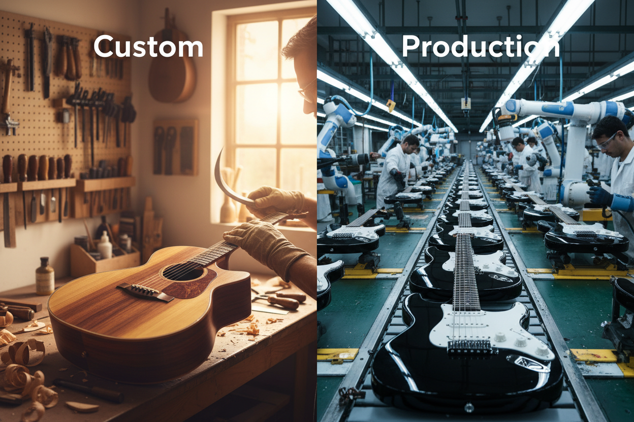Split image: luthier hand-crafting a guitar in a workshop (left, "Custom") vs. electric guitars on a factory assembly line (right, "Production").