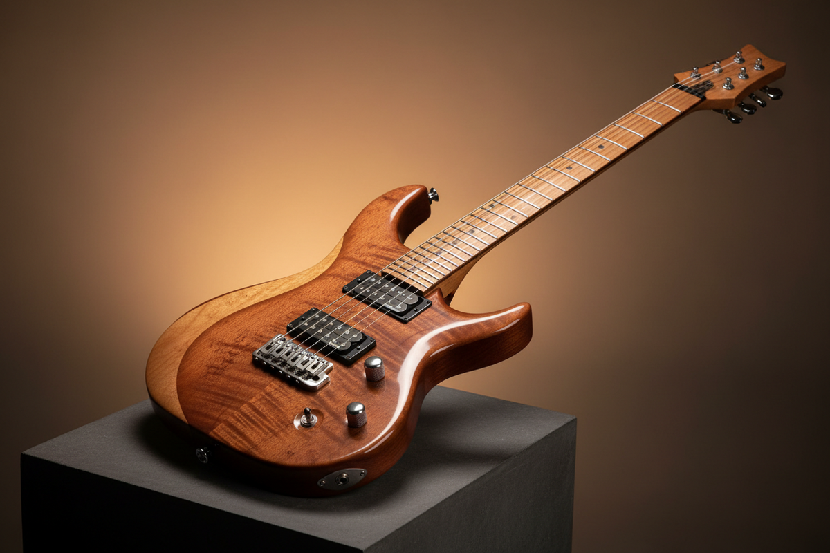 Custom electric guitar with a figured natural wood finish displayed on a pedestal against a warm amber background.
