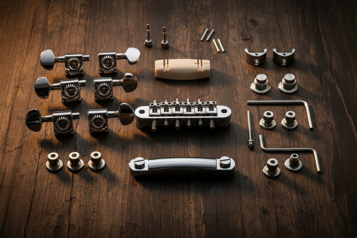 Chrome guitar hardware components laid out on a wooden surface, including tuners, a tune-o-matic bridge, tailpiece, nut, and various screws and bushings.
