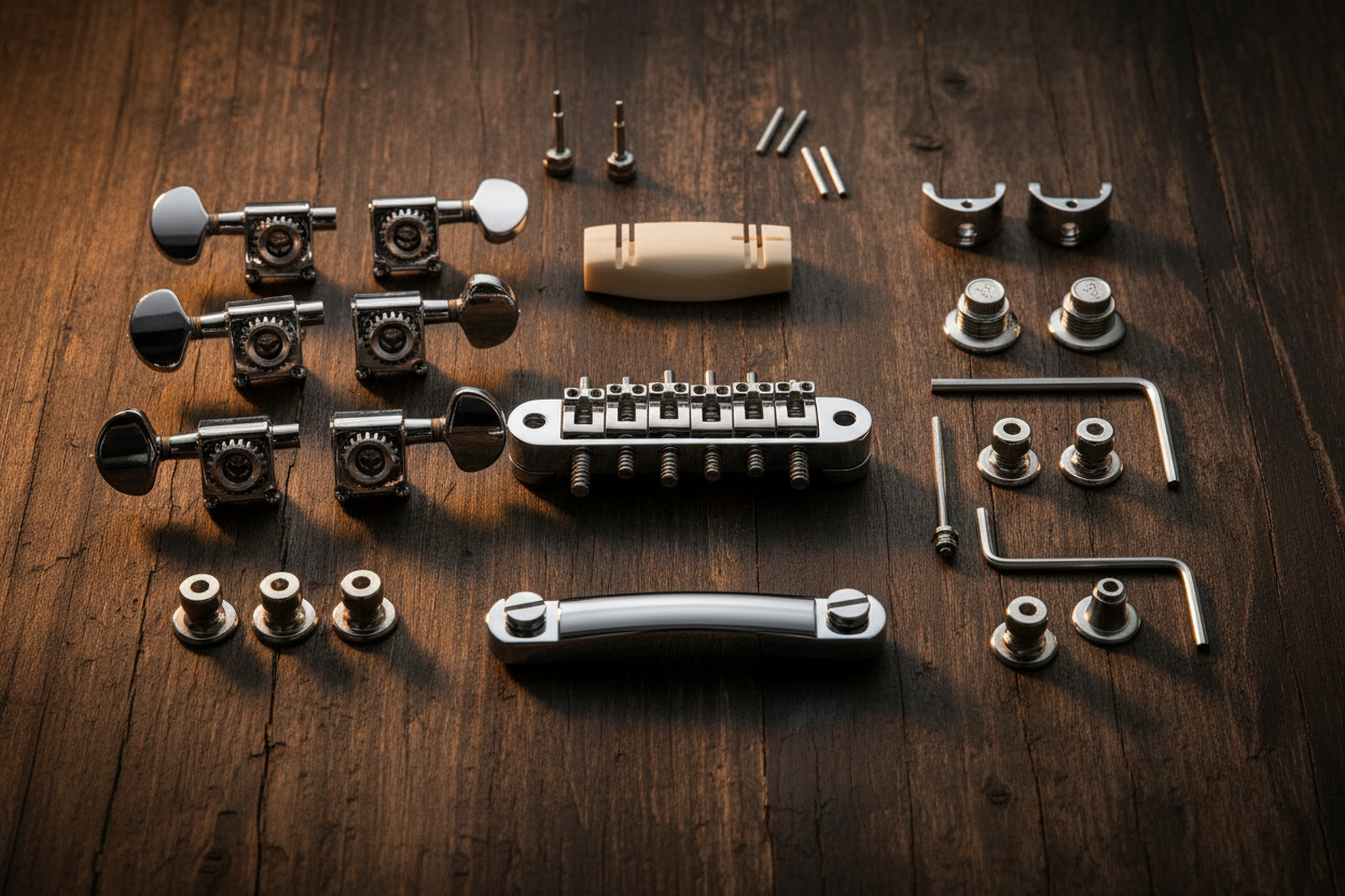 Chrome guitar hardware components laid out on a wooden surface, including tuners, a tune-o-matic bridge, tailpiece, nut, and various screws and bushings.