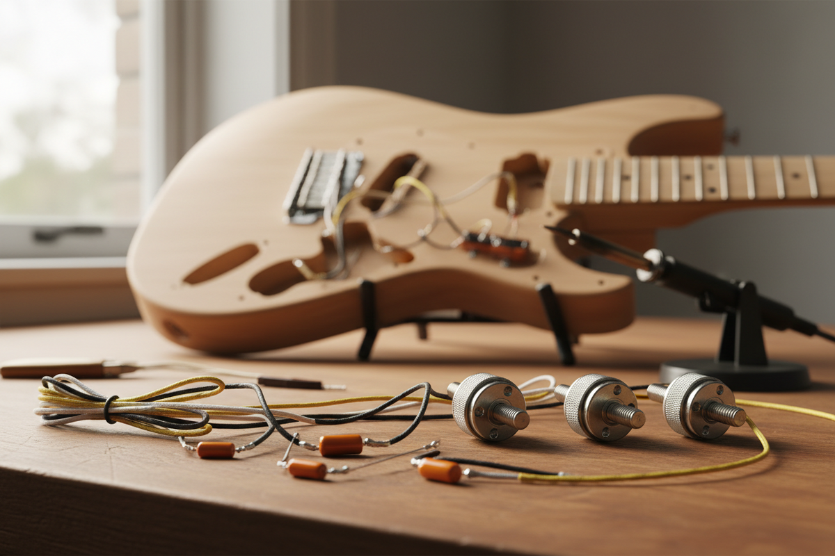 Guitar electronics components — pots, capacitors, and wiring — laid out on a workbench in front of an unfinished Stratocaster-style guitar body.