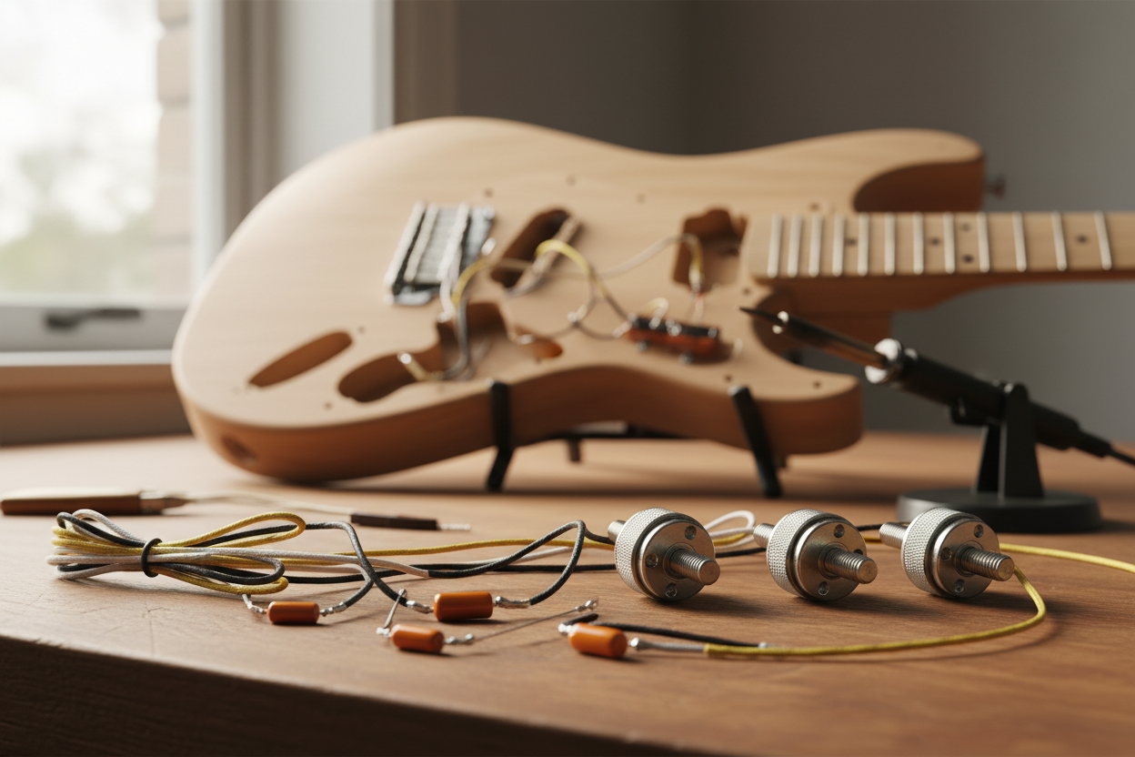 Guitar electronics components — pots, capacitors, and wiring — laid out on a workbench in front of an unfinished Stratocaster-style guitar body.