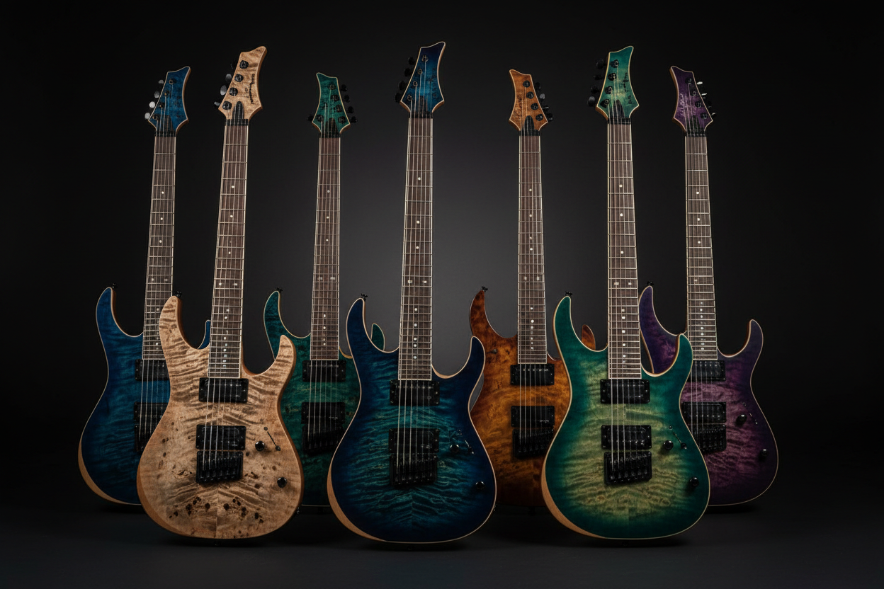 Six custom electric guitars in vibrant quilted and spalted top finishes — blue, teal, green, brown burst, and purple — standing upright against a dark background.
